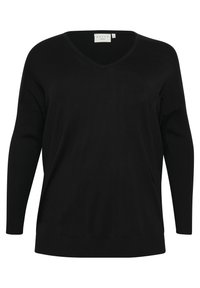 Pull en tricot noir avec un col en V, des manches longues et des poignets côtelés. Texture douce et coupe décontractée, sans motifs ni accents visibles.