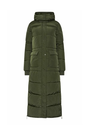 Langer, olivgrüner Steppmantel mit Kapuze, der einen Reißverschluss vorne, Druckknöpfe, zwei Fronttaschen und gerippte Bündchen aufweist. Glatte Textur und knielang.