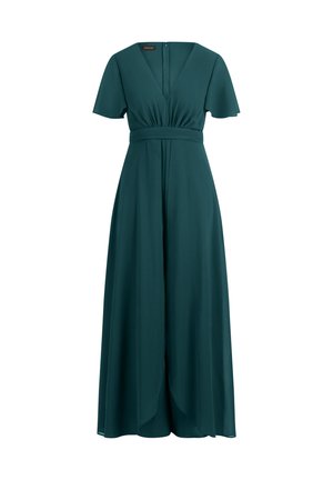 Robe maxi fluide teal avec des manches courtes flottantes, un décolleté en V profond et une taille cintrée. Fabriquée en tissu doux avec un design long au sol.