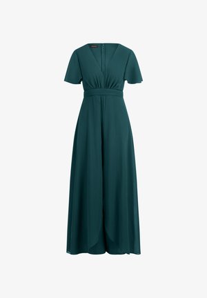 Teal kleurige maxi jurk die vloeiend valt, met korte vlindermouwen, een diepe V-hals, en een cinched taille. Gemaakt van zachte stof met een vloer lengte ontwerp.