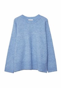 Hellblauer Pullover mit Rundhalsausschnitt, gerippten Bündchen und Saum sowie einem weichen, strukturierten Stoff. Legerer, entspannter Schnitt mit überschnittenen Schultern.