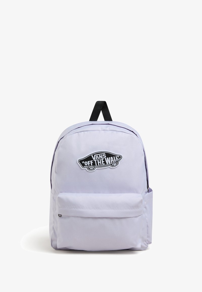 Vaahto vaaleanlila kangaskantolaite, jossa on musta "VANS"-logopatchi ja etutasku, varustettuna yläkahvalla ja mustilla olkahihnoilla.