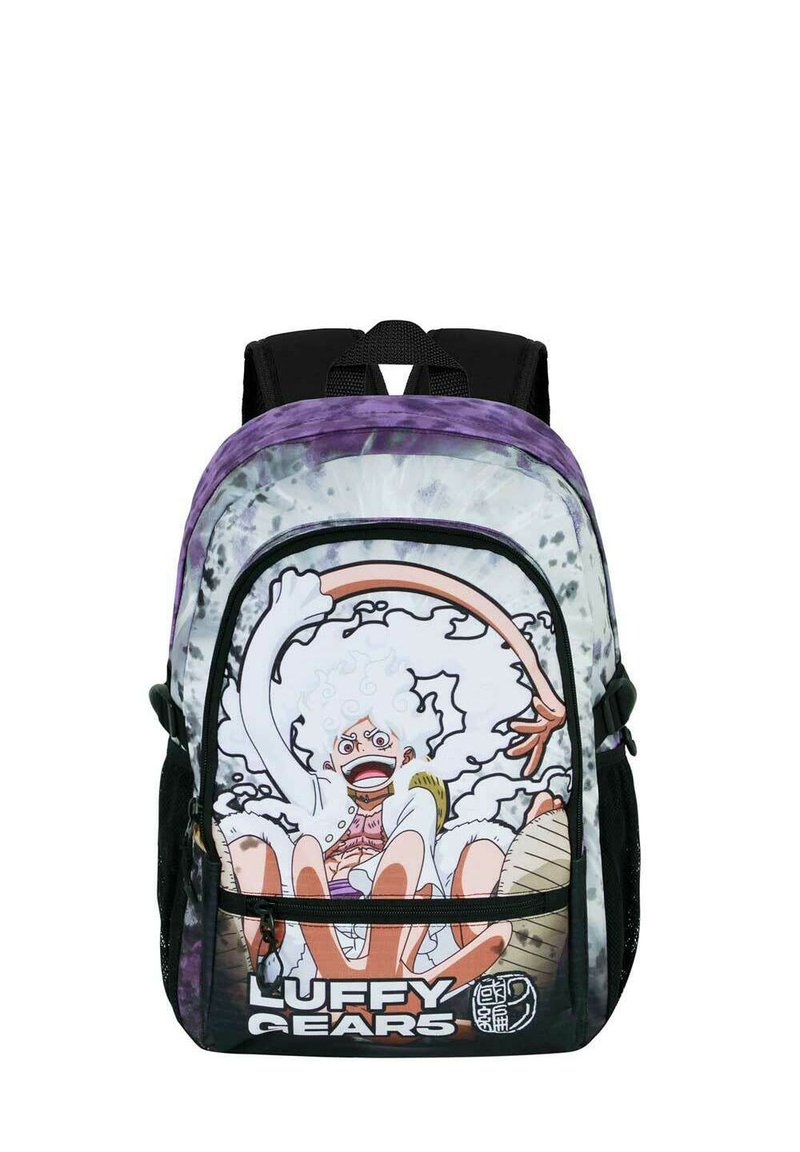 Mochila con un estampado colorido de un personaje de dibujos animados con cabello rizado. El material es tela; el diseño tiene acentos en negro y una parte superior morada.
