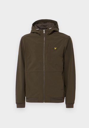 Giacca cappuccio marrone scuro realizzata in tessuto liscio, con zip frontale, tasche laterali e un piccolo logo giallo sul petto.