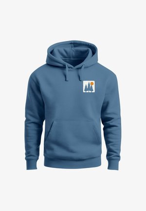 Blue hoodie made of soft fabric, featuring a front kangaroo pocket and a graphic of trees and a sun in white and orange.