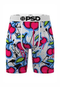 Men's boxer briefs featuring a white base with a vibrant cherry and leaf design, splashes of pink and blue, and a contrasting black outline.