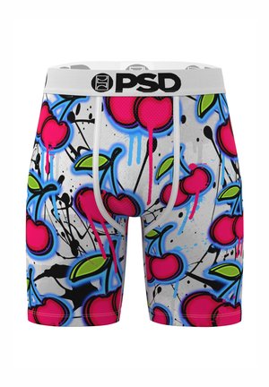 Herrenslips mit weißem Grund, lebhaftem Kirschen- und Blattdesign, Spritzern in Pink und Blau sowie kontrastierender schwarzer Umrandung.