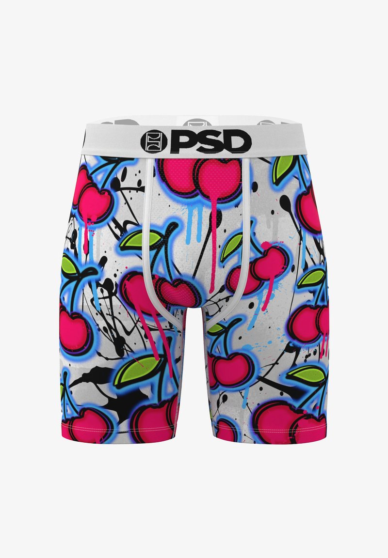 Herenboxershorts met een witte basis, voorzien van een levendig ontwerp van kersen en bladeren, accenten in roze en blauw, en een contrasterende zwarte omlijning.