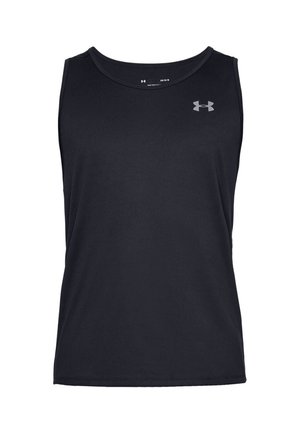 Sort ærmeløs atletisk tanktop med rund halsudskæring og lille gråt Under Armour-logo på øverste venstre bryst.