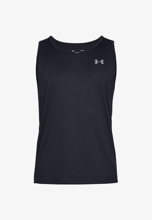 Camiseta deportiva sin mangas negra con cuello redondo y pequeño logo gris de Under Armour en la parte superior izquierda del pecho.