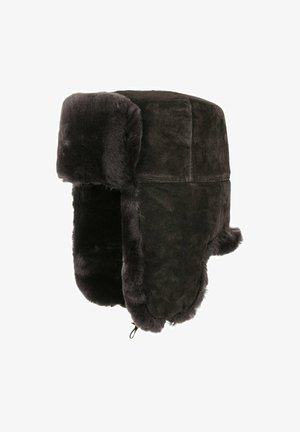Black fur-lined trapper hat with ear flaps and reinforced stitching, designed for warmth and cold weather protection.