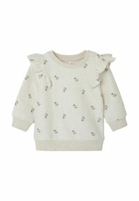 Hellbeige Sweatshirt mit Blumenmuster, gerafftem Schulterdetail, Rundhalsausschnitt und elastischen Bündchen und Saum. Weicher, strukturierter Stoff.