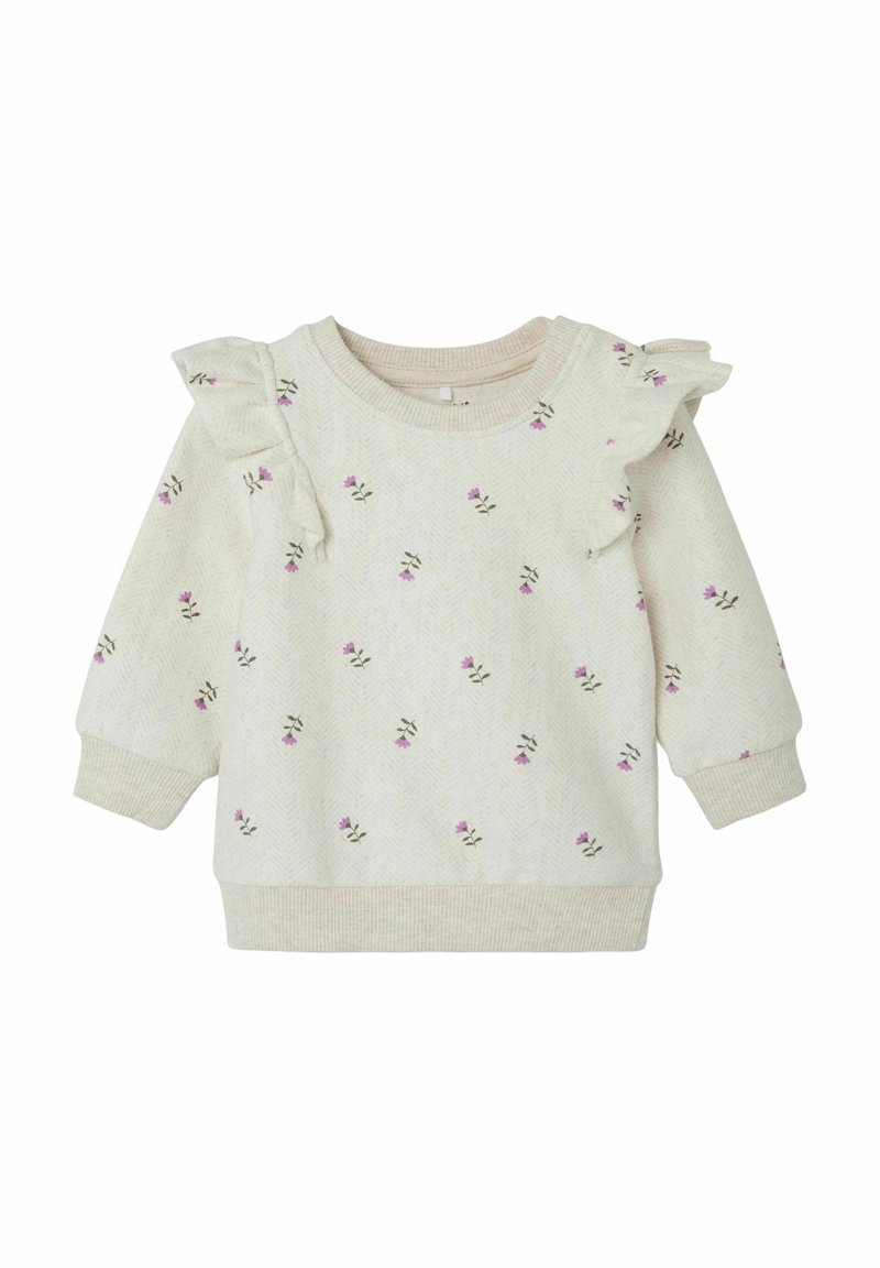 Hellbeige Sweatshirt mit Blumenmuster, gerafftem Schulterdetail, Rundhalsausschnitt und elastischen Bündchen und Saum. Weicher, strukturierter Stoff.