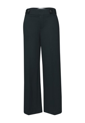 Schwarze Hosen mit weitem Bein und Knopfdetails am Bund, keine sichtbaren Taschen oder Muster, auf weißem Hintergrund dargestellt.