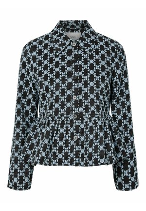 Svart jakke med knapper foran og et lyst blått blomsterprint, med peplum i livet, lange ermer og klassisk krage.