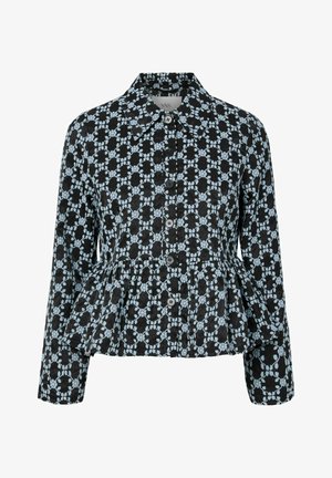 Svart jakke med knapper foran og et lyst blått blomsterprint, med peplum i livet, lange ermer og klassisk krage.