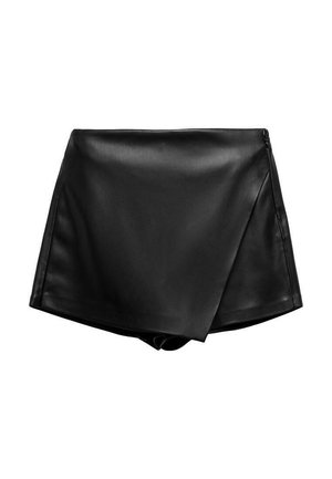 Zwarte neplederen high-waisted shorts met een gewikkeld ontwerp en een gladde textuur. Kenmerkt schone lijnen en geen zichtbare sluitingen.
