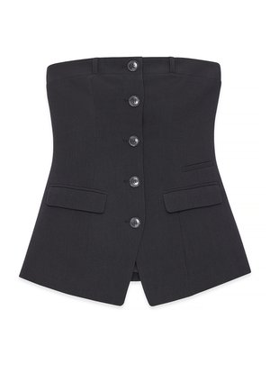 Top corsetto strutturato nero con scollatura dritta, chiusura frontale a bottoni e due tasche laterali. Realizzato in tessuto su misura.