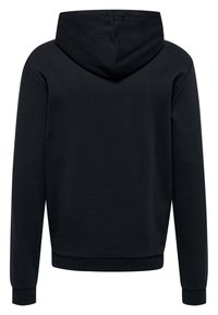 Svart sweatshirt med huva, tillverkad av ett slätt tyg. Har långa ärmar, ribbade ärmslut och midjeresår. Ingen grafik eller mönster.