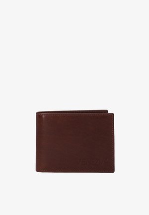 Braune Lederbrieftasche mit einem Bi-Fold-Design, sichtbaren Nähten und geprägt auf der Vorderseite. Glatte Textur mit klassischer Form.