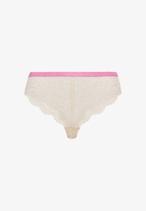 Lace panties in beige with a pink elastic waistband, featuring floral patterns and a scalloped edge design, soft texture throughout.
