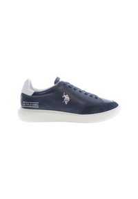 Marinblå lädersneakers med vit sula, vit häluppbetoning, snörning, US Polo Assn. logotyp och text på sidan.