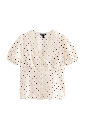New Look, CRINKLE TEXTURE SPOT PRINT LACE TRIM BUTTON TEA BLOUSE - Blouse - brown pattern