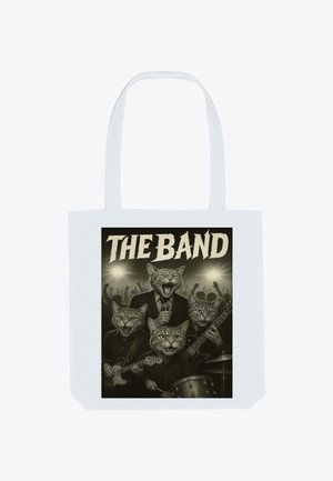 Canvas draagtas met een grafische print van vier katten met menselijke trekken die instrumenten bespelen, te midden van een menigte. Zwart-wit ontwerp.