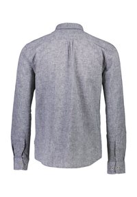 Grijze, langmouwige shirt met een subtiele textuurpatroon, standaard kraag en knoopmanchetten; achteraanzicht met een rechte zoom.