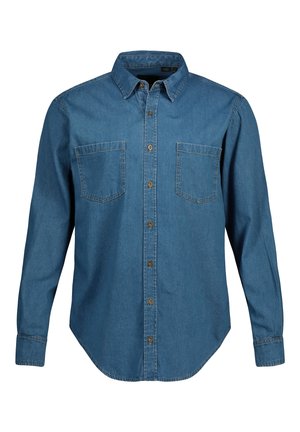 Button-up denim shirt in medium blue. Long sleeves with buttoned cuffs. Two chest pockets, classic collar, and a rounded hem. Textured fabric.