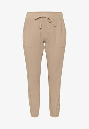 Pantaloni beige a sigaretta con elastico in vita e cordino. Presentano due tasche laterali e un tessuto morbido e leggero.