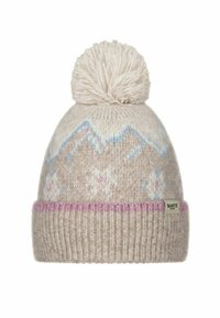 Knit beanie with a light beige base, snow-capped mountain pattern in blue and pink, topped with a fluffy cream pom-pom. Ribbed cuff detail.