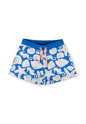 Pantaloncini blu per bambini con stampa bianca di creature marine tra cui stelle marine, conchiglie, cavallucci marini e coralli, con coulisse rosa.