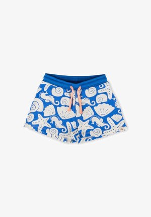 Blaue Kinder-Shorts mit weißem Aufdruck von Meeresbewohnern einschließlich Seesterne, Muscheln, Seepferdchen und Korallen, mit pinkfarbenen Kordeln.