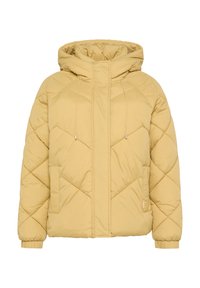 Lichtgele pufferjack met een gewatteerd patroon, grote capuchon, trekkoorden en zijzakken. Zachte textuur met elastische manchetten bij de mouwen.
