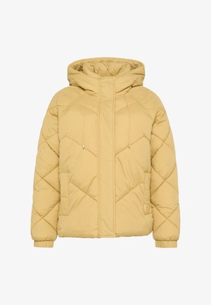 Jasnożółta kurtka puchowa z pikowanym wzorem, dużym kapturem, sznurkiem oraz bocznymi kieszeniami. Miękka tekstura z elastycznymi mankietami przy rękawach.