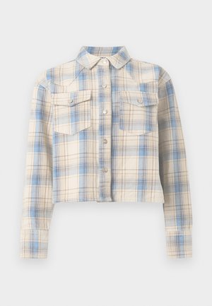 Κοντομάνικο πουκάμισο με κουμπιά, μακριά μανίκια και τσέπες με καπάκι στο στήθος, με καρό σχέδιο σε μπεζ, μπλε και ανοιχτό καφέ αποχρώσεις.