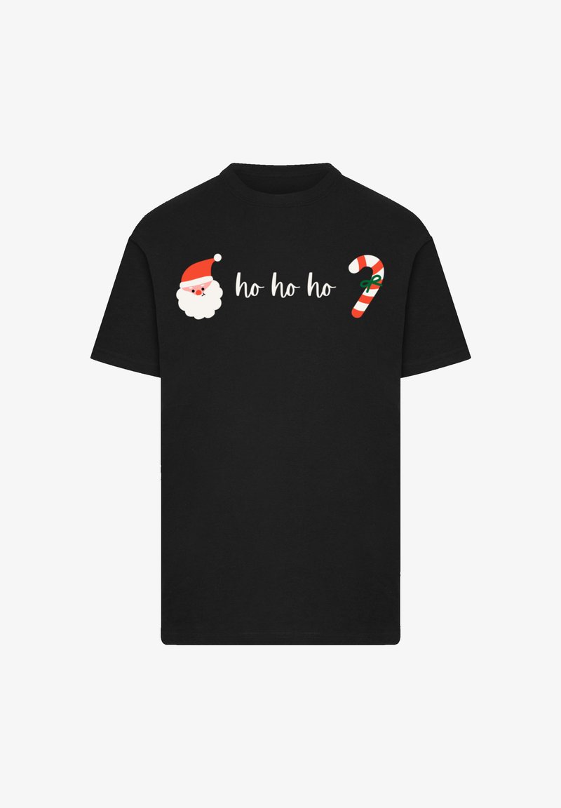 Schwarzes T-Shirt mit einem Santa-Gesicht-Graphic, weißem Text "ho ho ho" und Details eines rot-weißen gestreiften Zuckerstangen.