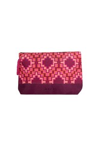 Pochette cosmetica colorata con motivi geometrici rosa, viola e arancione, con una base testurizzata e una zip in corda.