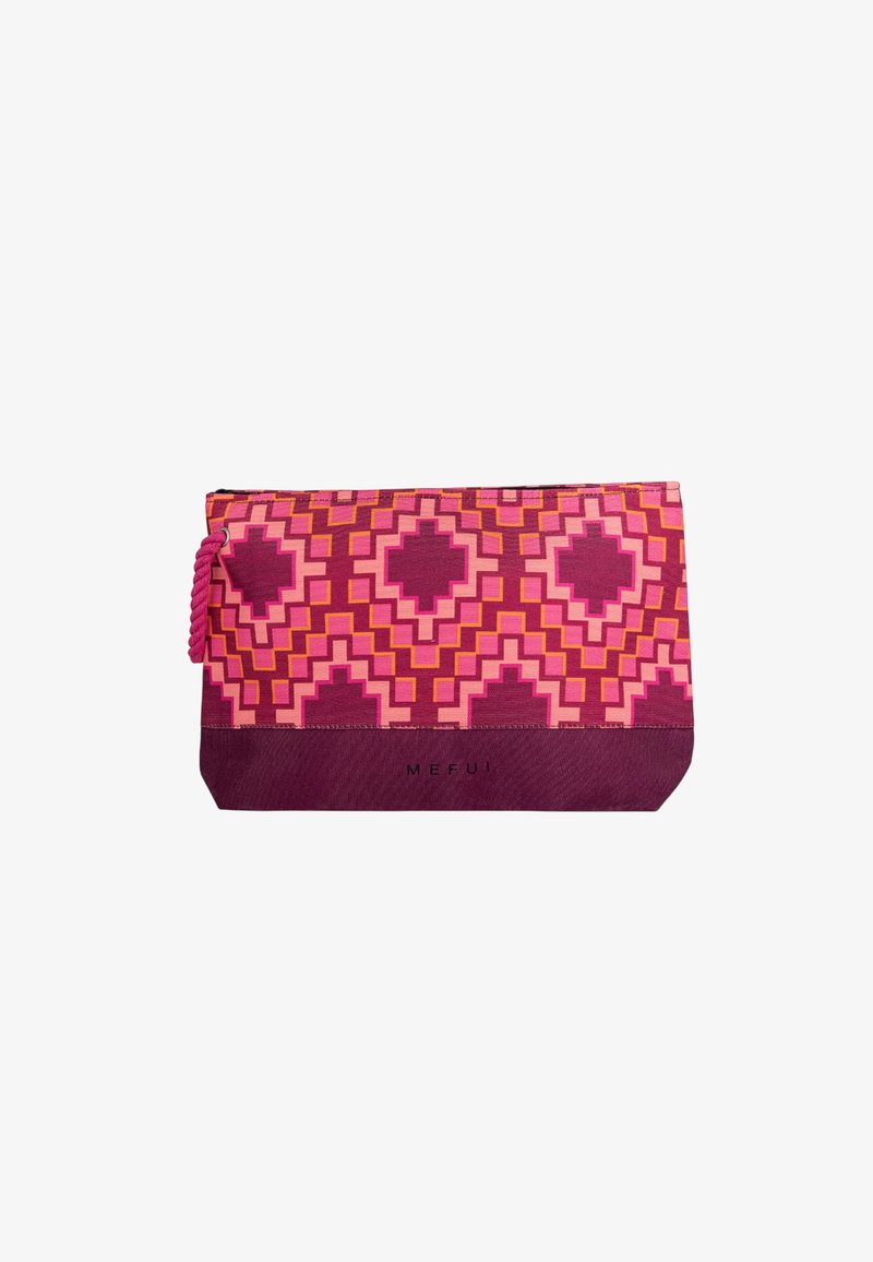 Pochette cosmetica colorata con motivi geometrici rosa, viola e arancione, con una base testurizzata e una zip in corda.