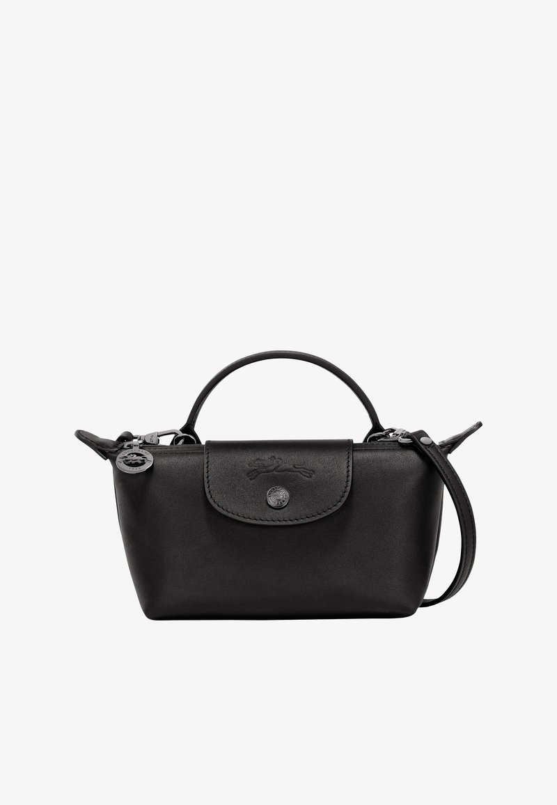 Black leather handbag with a rounded shape, top handle, detachable shoulder strap, and a snap closure. Features a embossed logo and metal accents.