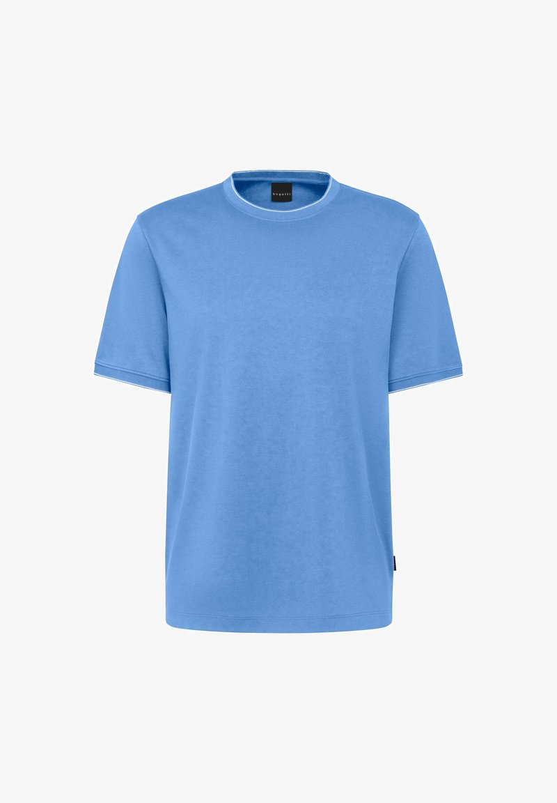 Blaues T-Shirt mit kurzen Ärmeln aus Baumwolle, mit einem runden Halsausschnitt mit kontrastierendem Saum, lockerem Schnitt und einem Etikett an der Seite.