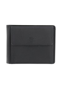 Portafoglio in pelle nera con texture liscia, design pieghevole a due ante e patta frontale. Presenta un piccolo logo in rilievo sulla parte esterna.