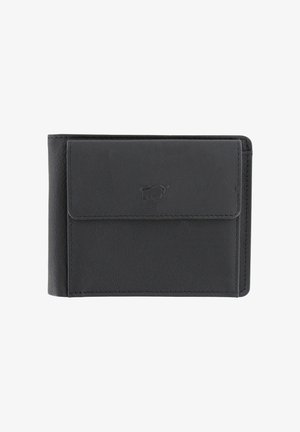 Portafoglio in pelle nera con texture liscia, design pieghevole a due ante e patta frontale. Presenta un piccolo logo in rilievo sulla parte esterna.