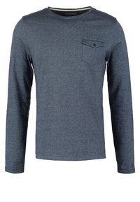 Tmavě šedé tričko s dlouhým rukávem a kulatým výstřihem, s kapsou na knoflík na hrudi a jemně texturovanou tkaninou.