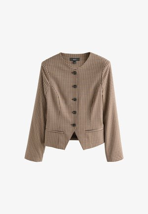 Brown checked blazer with long sleeves, v-neck, and six black buttons. Features two front pockets and a tailored fit. Smooth texture.