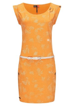 Orange blommig klänning i mjukt tyg, med rundad halsringning, korta ärmar, vit flätad bälte och dekorativa detaljer.