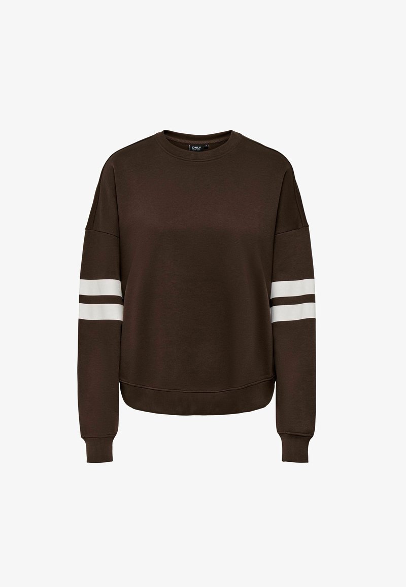 Pull marron foncé à manches longues avec deux bandes horizontales blanches sur chaque haut de bras et un col rond.