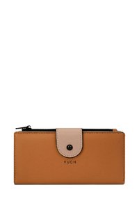 Tan leather wallet with a smooth texture, black zipper closure, and a beige snap flap. Features embossed "VUCH" logo on the front.