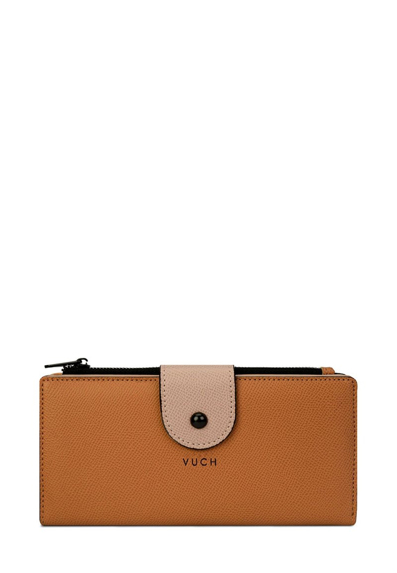 Tan leather wallet with a smooth texture, black zipper closure, and a beige snap flap. Features embossed "VUCH" logo on the front.